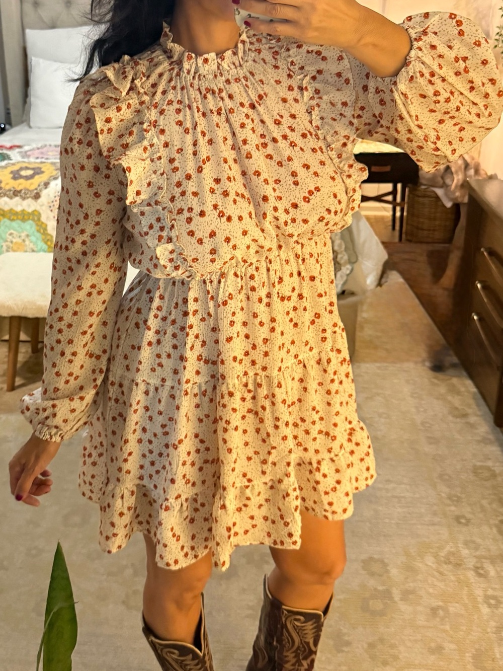 Preowned Nasty Gal cream floral high neck ruffle long sleeve fall short dress. 8